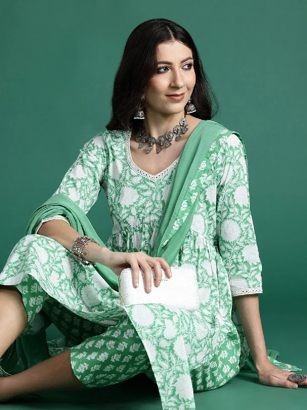 Women's Green Printed A-Line Kurta Trousers With Dupatta Set - Indo Era Trousers Travel Practical