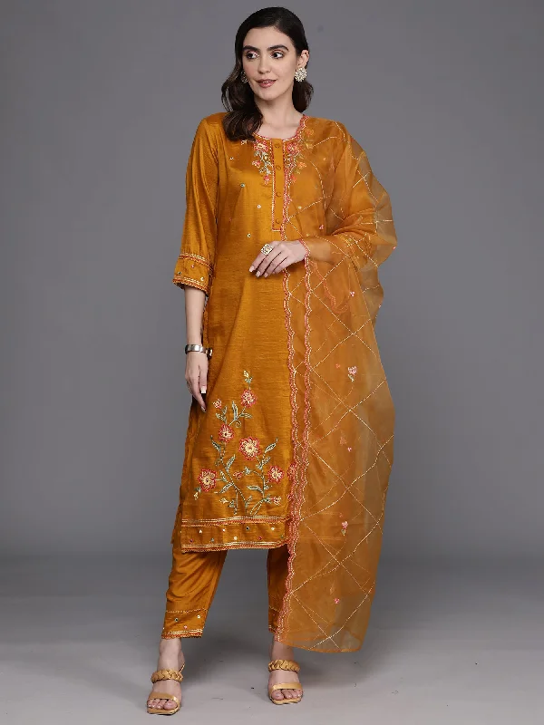 Women's Mustard Embroidered Straight Kurta Trousers With Dupatta Set - Indo Era Trousers Spring Floral