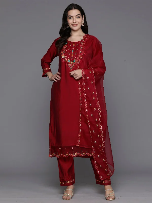 Women's Magenta Embroidered A-Line Kurta Trousers With Dupatta Set - Indo Era High Waist Slim Fit Ankle Length