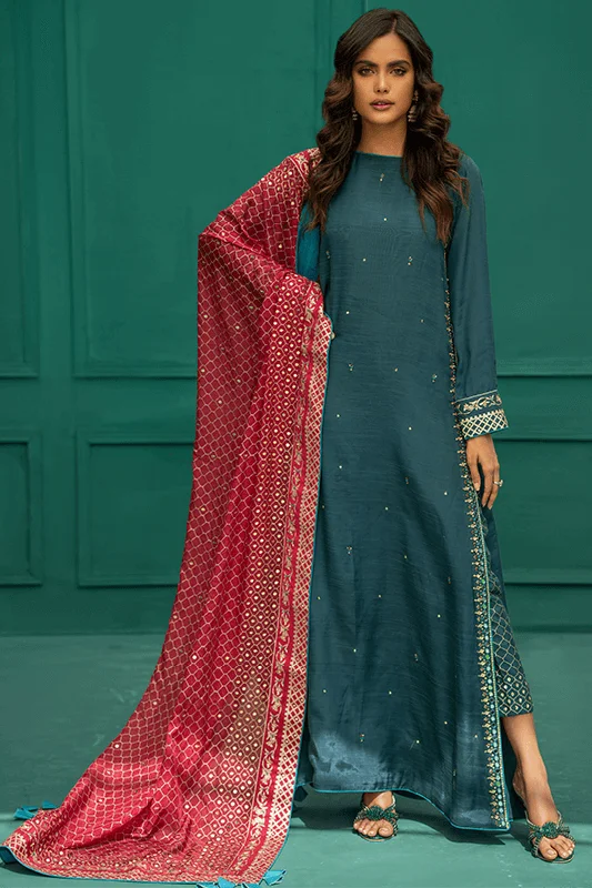 Pakistani Eid Dresses in Blue Long Kameez Trouser Style Trousers Business Professional