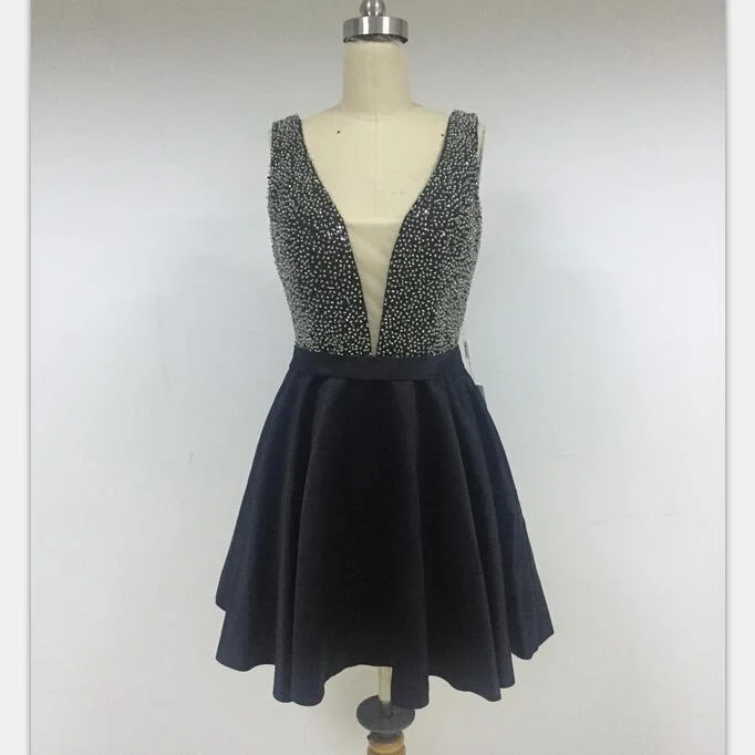 Beading V-neck Black Short A-line Modest Discount Cheap Short in Size In Stock Prom Dresses Online,DD012 Beading V-neck Black Short A-line Modest Discount Cheap Short in Size In Stock Prom Dresses Online,DD012