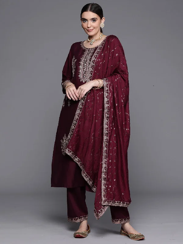 Women's Wine Embroidered Ethnic Straight Kurta Trouser With Dupatta Set - Indo Era Trousers Recommended Stylist