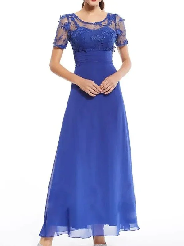 A-Line Mother of the Bride Dress Elegant Illusion Neck Jewel Neck Floor Length Chiffon Lace Short Sleeve with Appliques Ruching A-Line Mother of the Bride Dress Elegant Illusion Neck Jewel Neck Floor Length Chiffon Lace Short Sleeve with Appliques Ruching