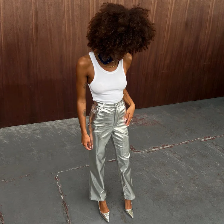 Silver Vegan Leather Trouser Trousers luxurious high-end