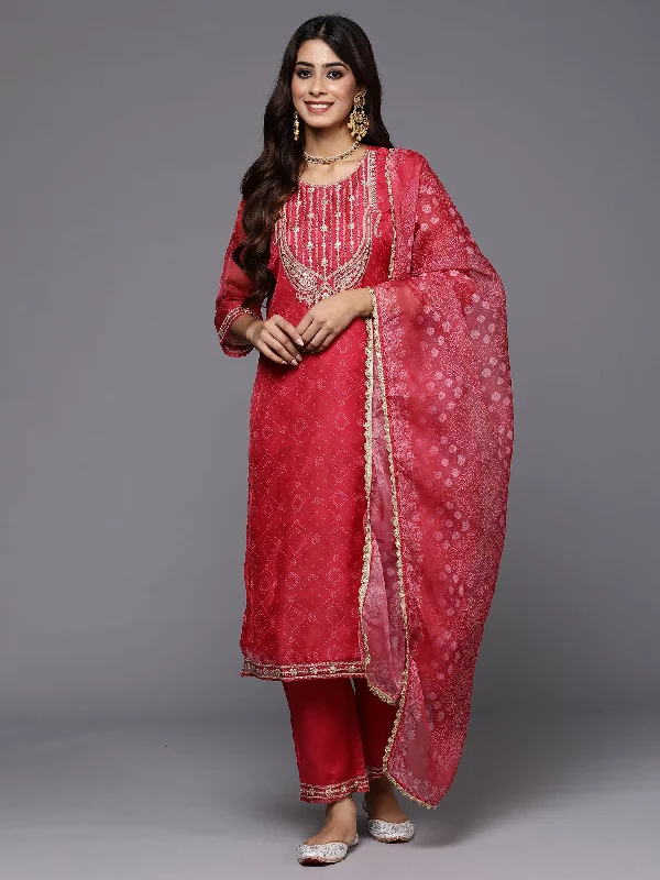 Women's Pink Embroidered Straight Kurta Trousers With Dupatta Set - Indo Era Skinny Trousers Denim Stretchy