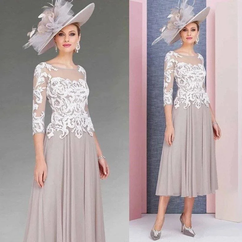 Tea Length Mother Of The Bride Dresses A-line 3/4 Sleeves Chiffon Appliques Lace Short Groom Mother Dresses For Wedding Tea Length Mother Of The Bride Dresses A-line 3/4 Sleeves Chiffon Appliques Lace Short Groom Mother Dresses For Wedding