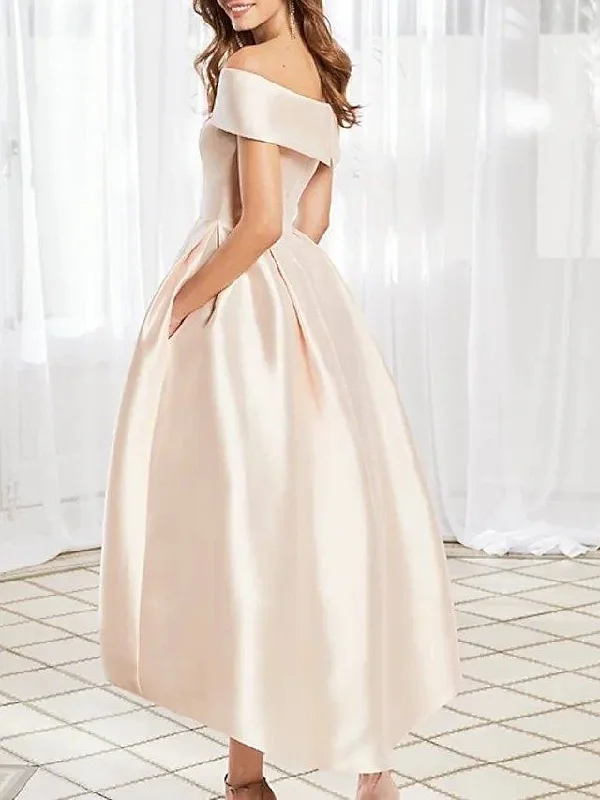 A-Line Mother of the Bride Dress Elegant Off Shoulder Ankle Length Satin Short Sleeve with Pleats A-Line Mother of the Bride Dress Elegant Off Shoulder Ankle Length Satin Short Sleeve with Pleats