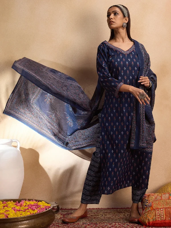 Women's Blue Printed Straight Kurta Trousers With Dupatta Set - Indo Era Trousers Yoga Stretchy