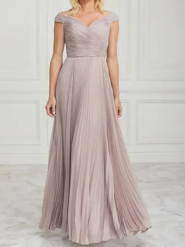A-Line Mother of the Bride Dress Elegant Off Shoulder Floor Length Chiffon Sleeveless with Pleats Ruching A-Line Mother of the Bride Dress Elegant Off Shoulder Floor Length Chiffon Sleeveless with Pleats Ruching