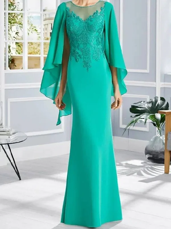 Sheath / Column Mother of the Bride Dress Elegant Jewel Neck Floor Length Chiffon Lace Short Sleeve with Appliques Sheath / Column Mother of the Bride Dress Elegant Jewel Neck Floor Length Chiffon Lace Short Sleeve with Appliques