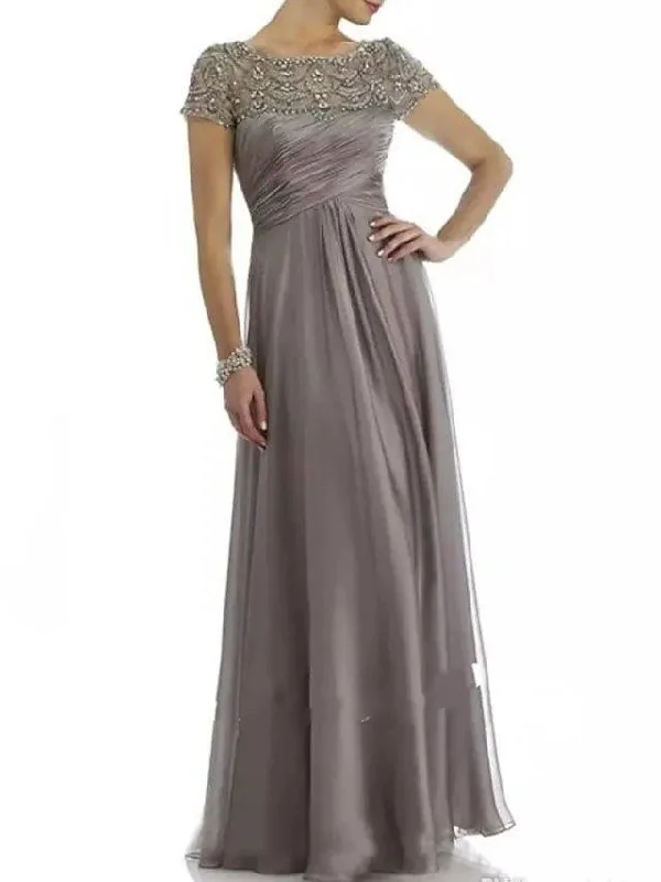 A-Line Mother of the Bride Dress Elegant Bateau Neck Floor Length Chiffon Short Sleeve with Pleats Beading Ruffles A-Line Mother of the Bride Dress Elegant Bateau Neck Floor Length Chiffon Short Sleeve with Pleats Beading Ruffles