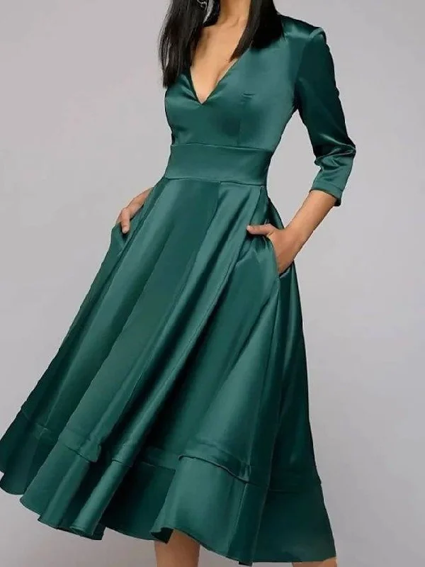 A-Line Mother of the Bride Dress Elegant V Neck Tea Length Satin 3/4 Length Sleeve with Pleats A-Line Mother of the Bride Dress Elegant V Neck Tea Length Satin 3/4 Length Sleeve with Pleats