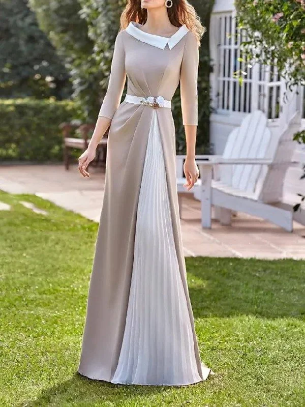Sheath / Column Mother of the Bride Dress Elegant Jewel Neck Floor Length Chiffon Charmeuse 3/4 Length Sleeve with Sash / Ribbon Pleats Color Block Sheath / Column Mother of the Bride Dress Elegant Jewel Neck Floor Length Chiffon Charmeuse 3/4 Length Sleeve with Sash / Ribbon Pleats Color Block