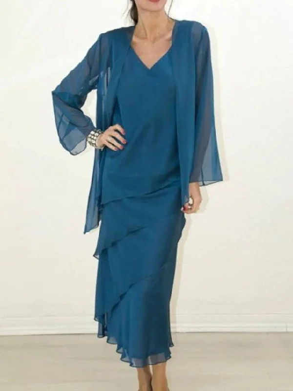 Two Piece Sheath / Column Mother of the Bride Dress Elegant V Neck Tea Length Chiffon Long Sleeve with Ruffles Two Piece Sheath / Column Mother of the Bride Dress Elegant V Neck Tea Length Chiffon Long Sleeve with Ruffles