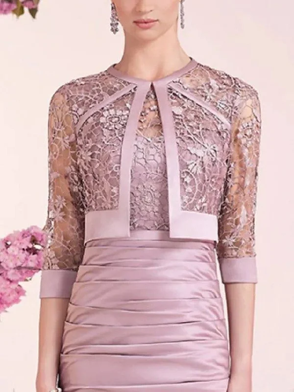 Two Piece Sheath / Column Mother of the Bride Dress Elegant Jewel Neck Knee Length Lace Satin 3/4 Length Sleeve with Appliques Ruching Two Piece Sheath / Column Mother of the Bride Dress Elegant Jewel Neck Knee Length Lace Satin 3/4 Length Sleeve with Appliques Ruching