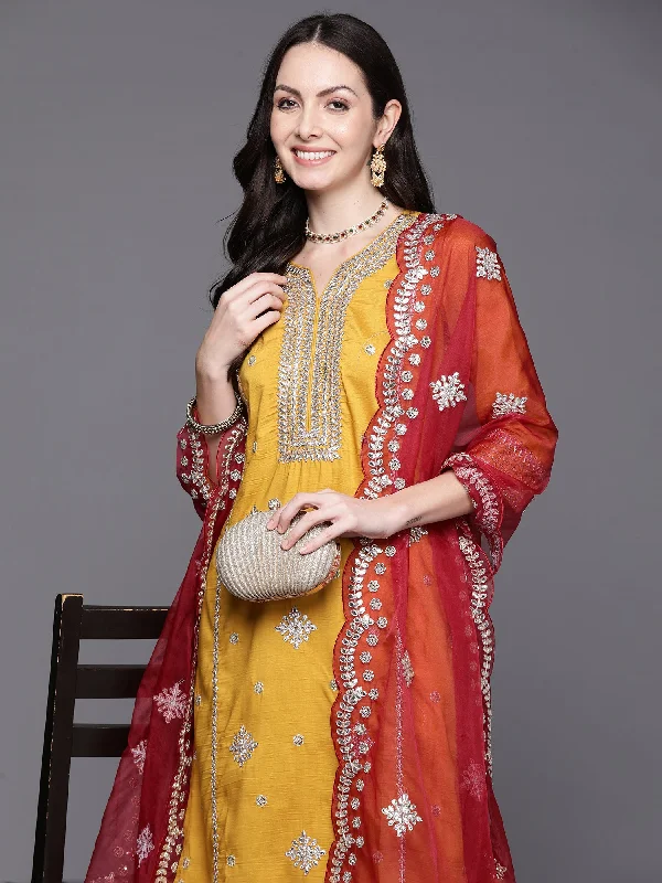 Women's Mustard Embroidered Straight Kurta Trousers With Dupatta Set - Indo Era Trousers Corduroy Warm