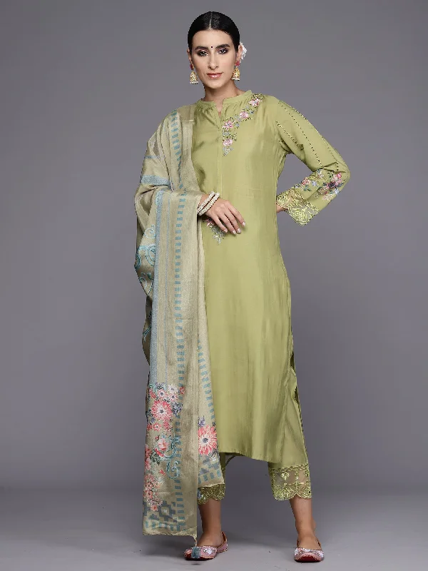 Women's Green Embroidered Straight Kurta Trousers With Dupatta Set - Indo Era Trousers practical easy-care