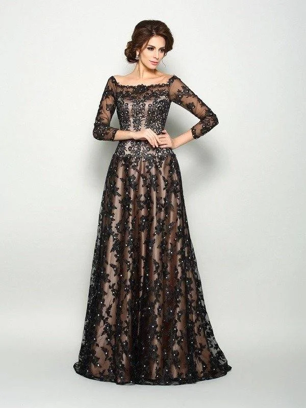 A-Line/Princess Off-the-Shoulder Lace 3/4 Sleeves Long Satin Mother of the Bride Dresses A-Line/Princess Off-the-Shoulder Lace 3/4 Sleeves Long Satin Mother of the Bride Dresses