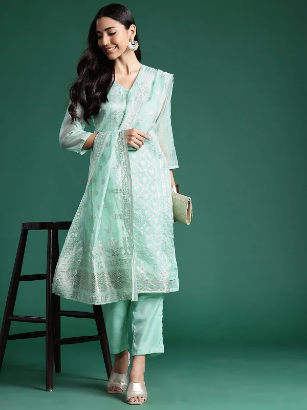 Women's Seagreen Woven Design Straight Kurta Trousers With Dupatta Set - Indo Era Trousers Prom Sequined