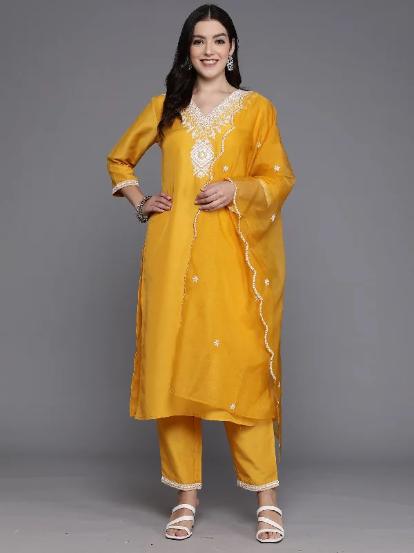 Women's Yellow Embroidered Straight Kurta Trousers With Dupatta Set - Indo Era Trousers Vintage Classic