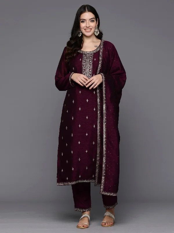 Women's Burgundy Embroidered Straight Kurta Trousers With Dupatta Set - Indo Era Trousers High Rise Slim Fit