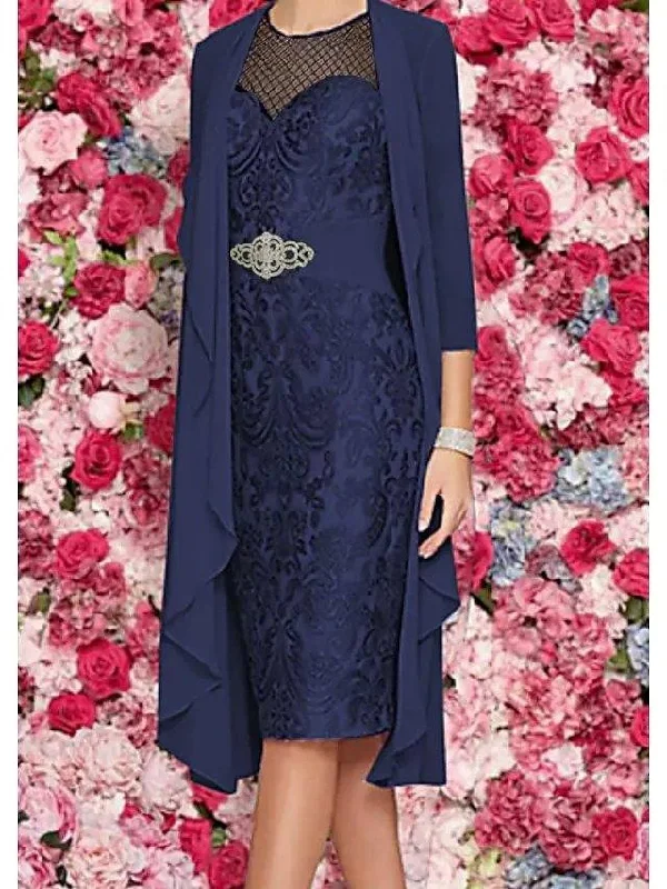 Sheath / Column Mother of the Bride Dress Plus Size Elegant Jewel Neck Knee Length Chiffon Lace 3/4 Length Sleeve with Appliques Sheath / Column Mother of the Bride Dress Plus Size Elegant Jewel Neck Knee Length Chiffon Lace 3/4 Length Sleeve with Appliques