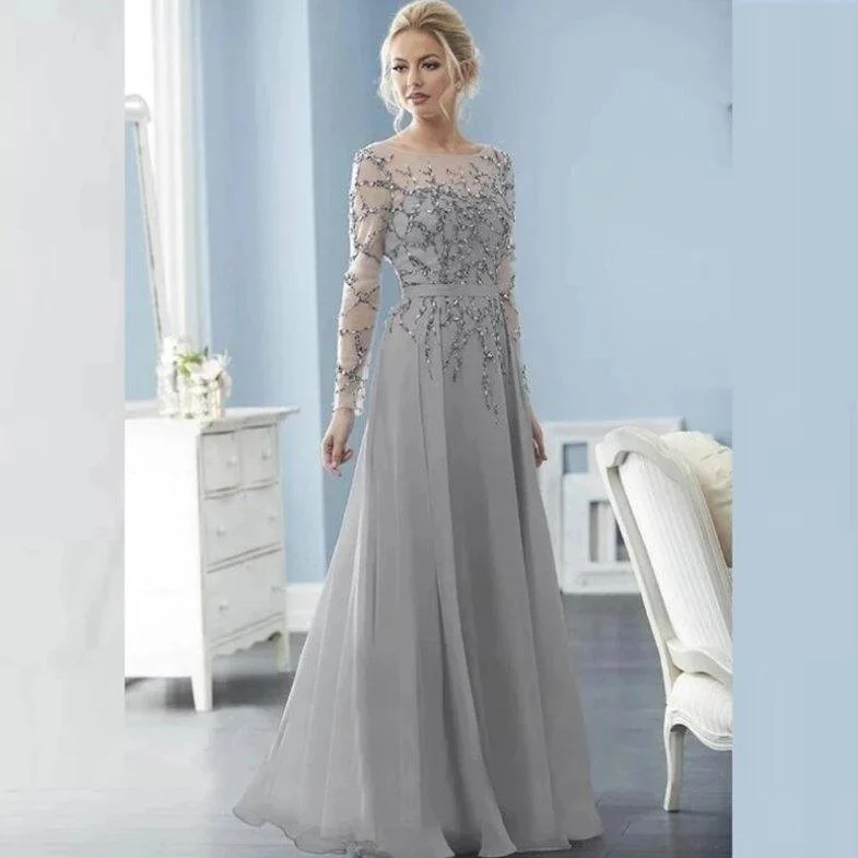 Silver Mother Of The Bride Dresses A-line Long Sleeves Chiffon Beaded Backless Plus Size Long Groom Mother Dresses Wedding Silver Mother Of The Bride Dresses A-line Long Sleeves Chiffon Beaded Backless Plus Size Long Groom Mother Dresses Wedding