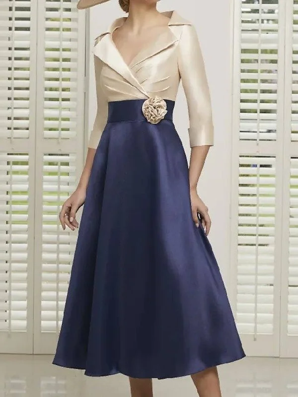 A-Line Mother of the Bride Dress Elegant Shirt Collar Ankle Length Satin 3/4 Length Sleeve with Pleats Flower