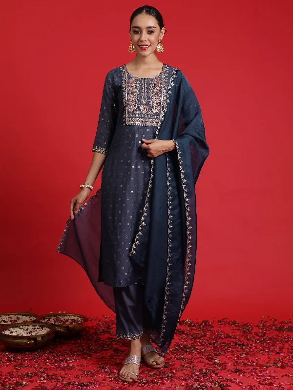 Women's Blue Embroidered Straight Kurta Trousers With Dupatta Set - Indo Era Trousers Hiking Durable