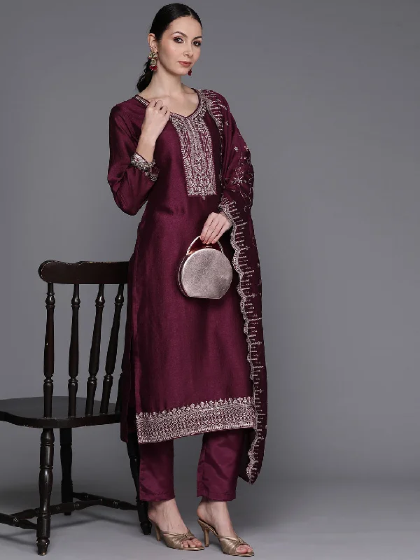 Women's Burgundy Embroidered Straight Kurta Trousers With Dupatta Set - Indo Era Trousers Winter Warm