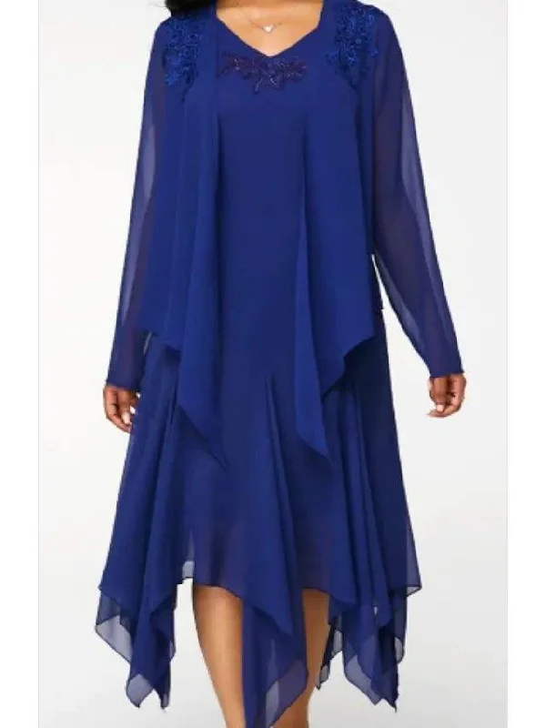 Two Piece Mother of the Bride Dress Elegant V Neck Knee Length Chiffon Lace Long Sleeve with Draping Two Piece Mother of the Bride Dress Elegant V Neck Knee Length Chiffon Lace Long Sleeve with Draping