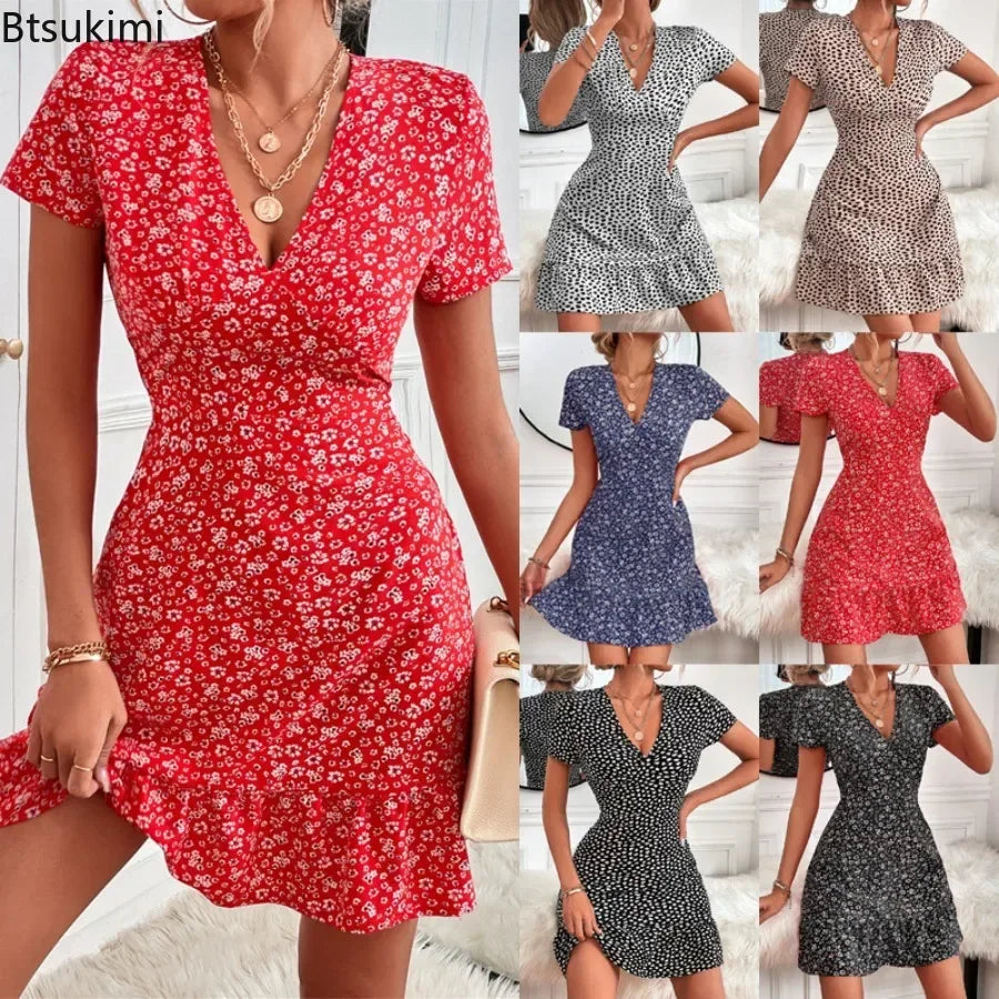 V-neck Short Sleeve A-line Dress