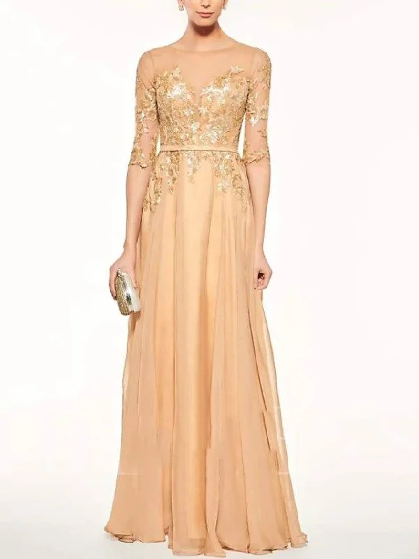 A-Line Mother of the Bride Dress Elegant See Through Illusion Neck Jewel Neck Floor Length Chiffon Lace Half Sleeve with Sash / Ribbon Pleats Appliques A-Line Mother of the Bride Dress Elegant See Through Illusion Neck Jewel Neck Floor Length Chiffon Lace Half Sleeve with Sash / Ribbon Pleats Appliques