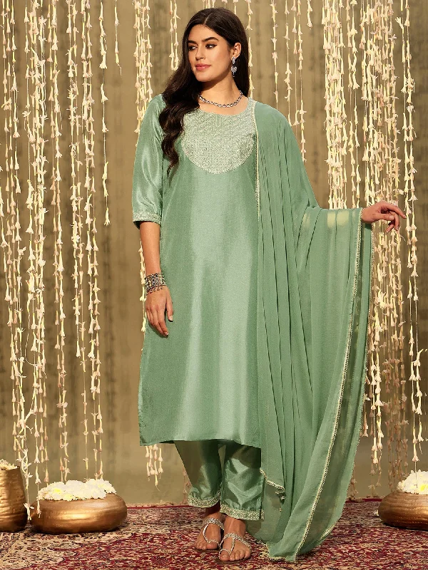 Women's Green Embroidered Straight Kurta Trousers With Dupatta Set - Indo Era Trousers luxurious high-end