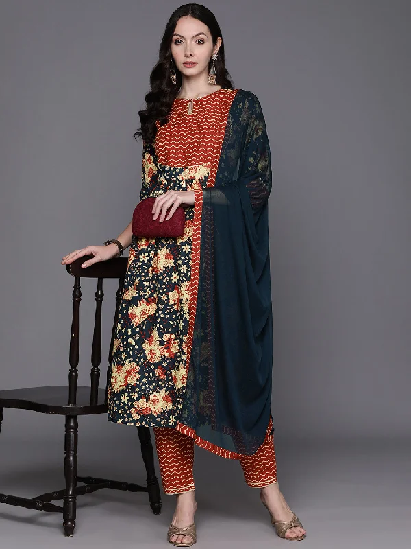 Women's Blue Printed A-Line Kurta Trousers With Dupatta Set - Indo Era Trousers stylish elegant