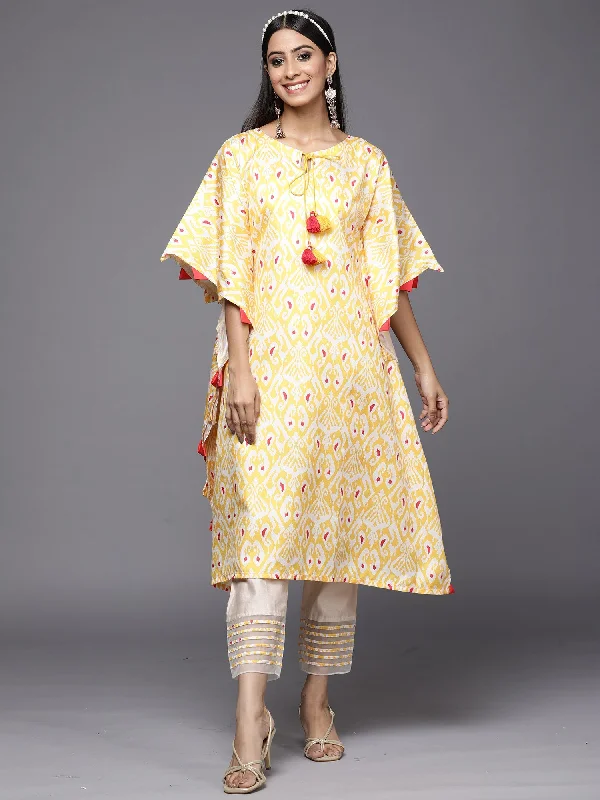 Women's Kesariya Yellow Printed Straight Kaftan With Trouser Set - Indo Era Cropped Trousers Casual Linen