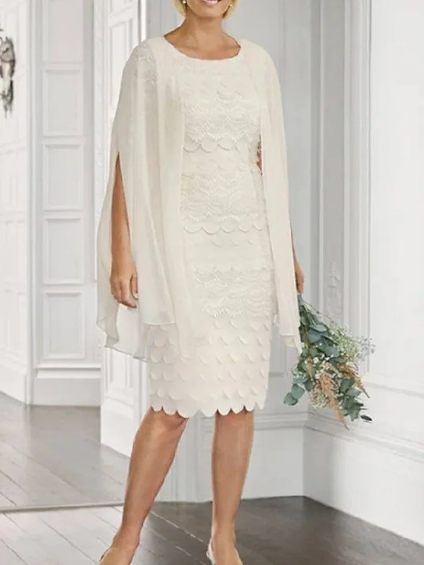 Sheath / Column Mother of the Bride Dress Elegant Jewel Neck Knee Length Chiffon Lace 3/4 Length Sleeve with Embroidery Sheath / Column Mother of the Bride Dress Elegant Jewel Neck Knee Length Chiffon Lace 3/4 Length Sleeve with Embroidery
