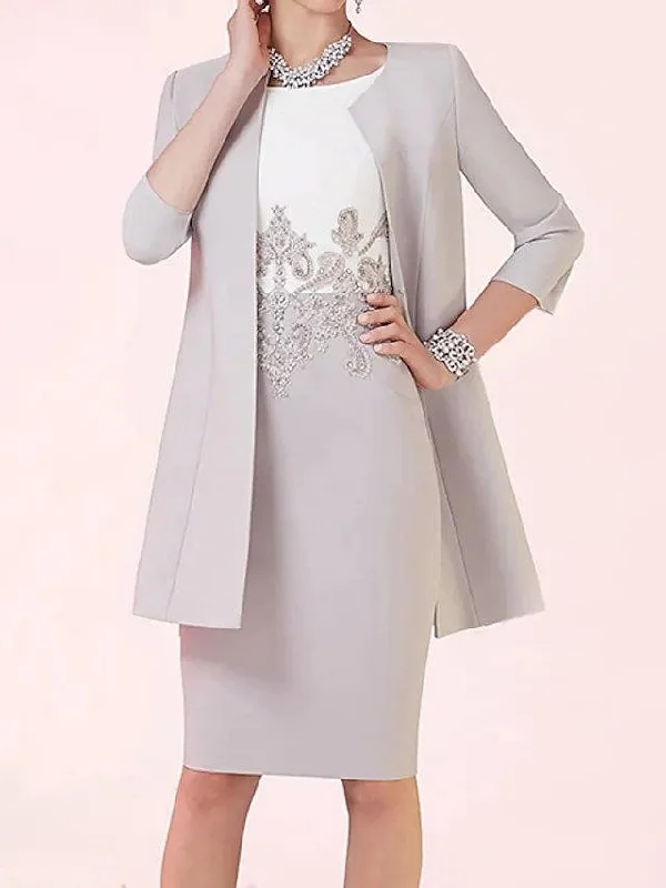 Two Piece Sheath / Column Mother of the Bride Dress Elegant Jewel Neck Knee Length Lace Satin 3/4 Length Sleeve with Beading Color Block Two Piece Sheath / Column Mother of the Bride Dress Elegant Jewel Neck Knee Length Lace Satin 3/4 Length Sleeve with Beading Color Block