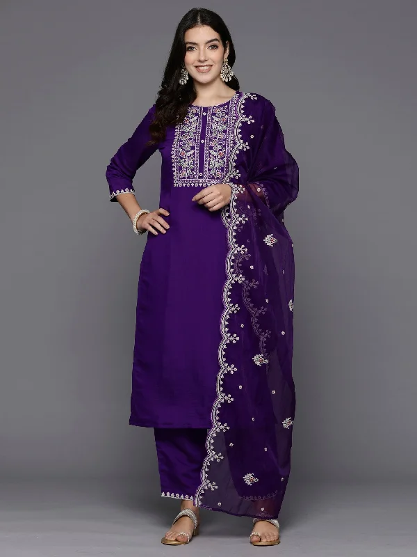 Women's Purple Embroidered Straight Kurta Trousers With Dupatta Set - Indo Era Trousers Yoga Stretchy