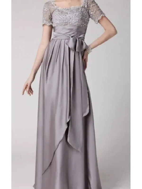 A-Line Mother of the Bride Dress Elegant Square Neck Floor Length Lace Charmeuse Short Sleeve with Lace Sash / Ribbon Beading A-Line Mother of the Bride Dress Elegant Square Neck Floor Length Lace Charmeuse Short Sleeve with Lace Sash / Ribbon Beading