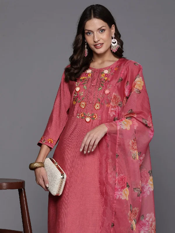 Women's Pink Embroidered Straight Kurta Trousers With Dupatta Set - Indo Era Trousers Floral Bohemian