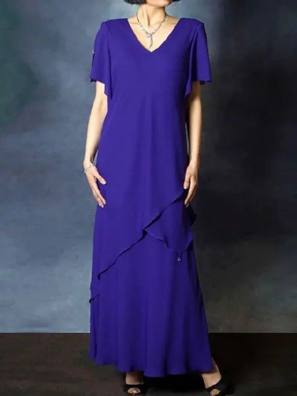 Sheath / Column Mother of the Bride Dress Elegant V Neck Floor Length Chiffon Short Sleeve with Ruffles Sheath / Column Mother of the Bride Dress Elegant V Neck Floor Length Chiffon Short Sleeve with Ruffles