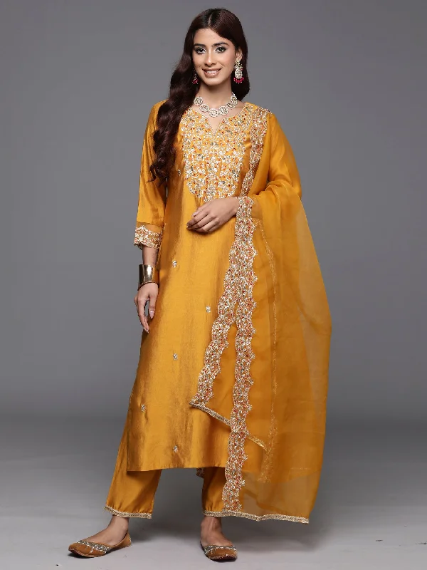 Women's Mustard Embroidered Straight Kurta Trousers With Dupatta Set - Indo Era Trousers Silk Elegant