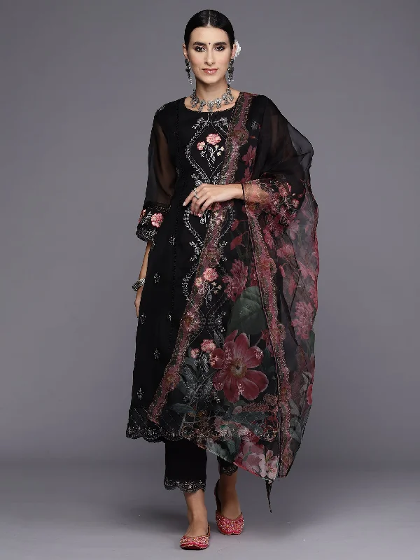 Women's Black Embroidered Straight Kurta Trousers With Dupatta Set - Indo Era Trousers Capri Summer