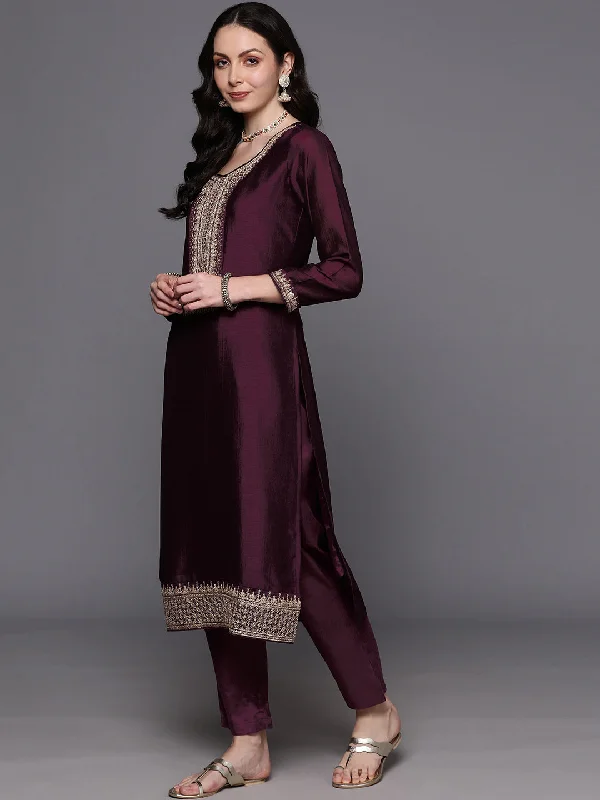 Women's Wine Embroidered Straight Kurta Trousers With Dupatta Set - Indo Era Trousers Sale Discount