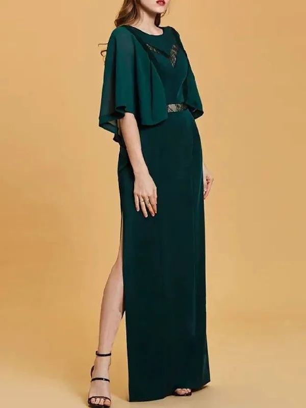 Sheath / Column Mother of the Bride Dress Elegant Jewel Neck Floor Length Chiffon Lace 3/4 Length Sleeve with Split Front Sheath / Column Mother of the Bride Dress Elegant Jewel Neck Floor Length Chiffon Lace 3/4 Length Sleeve with Split Front
