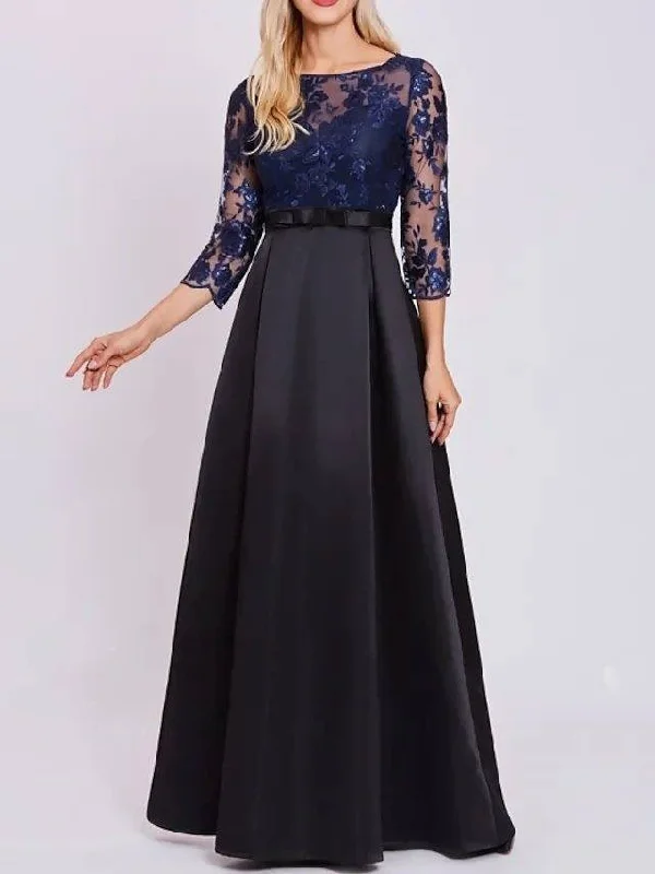A-Line Mother of the Bride Dress Elegant Jewel Neck Floor Length Lace Satin 3/4 Length Sleeve with Sash / Ribbon Pleats Appliques A-Line Mother of the Bride Dress Elegant Jewel Neck Floor Length Lace Satin 3/4 Length Sleeve with Sash / Ribbon Pleats Appliques