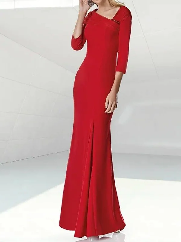 Sheath / Column Mother of the Bride Dress Elegant V Neck Floor Length Stretch Fabric Half Sleeve with Ruching Sheath / Column Mother of the Bride Dress Elegant V Neck Floor Length Stretch Fabric Half Sleeve with Ruching