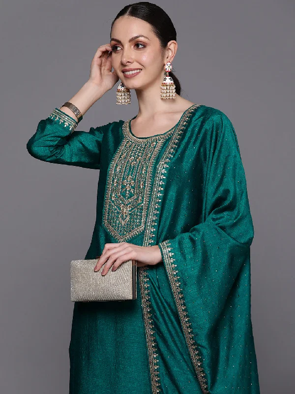 Women's Teal Embroidered Straight Kurta Trousers With Dupatta  Set - Indo Era Trousers Leather Faux