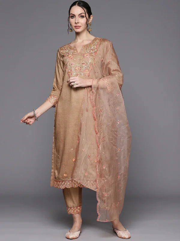 Women's Beige Embroidered Straight Ethnic Kurta Trousers With Dupatta Set - Indo Era Trousers Summer Linen